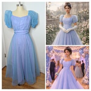 VTG 80s Blue/Lavender Taffeta Prom Dress Puff Sleeve Bridgerton Formal Gown